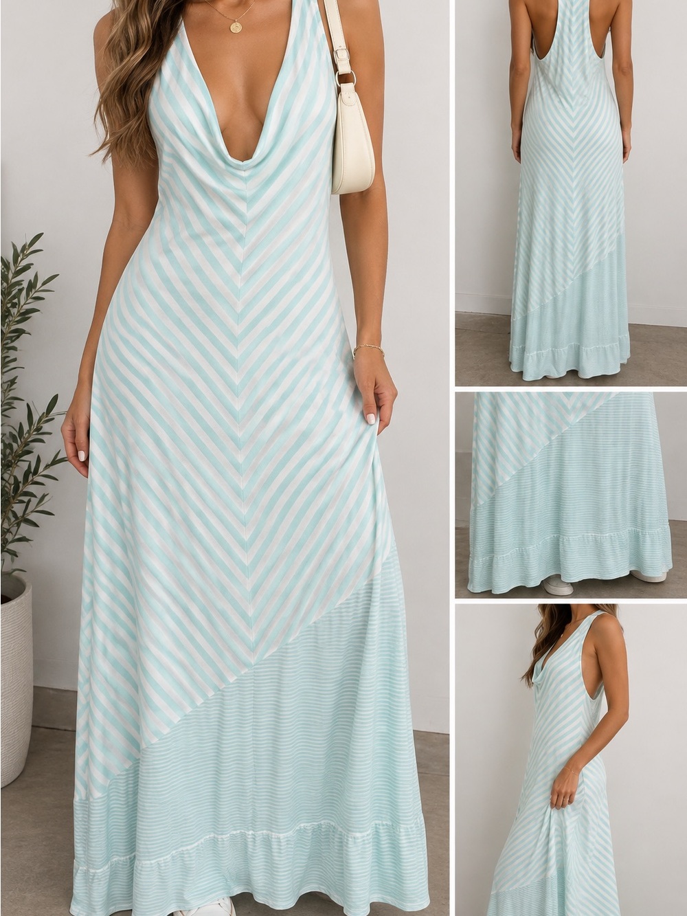 Cynthia Rowley NWT Aqua White Striped Cowl Neck Maxi Dress Size L